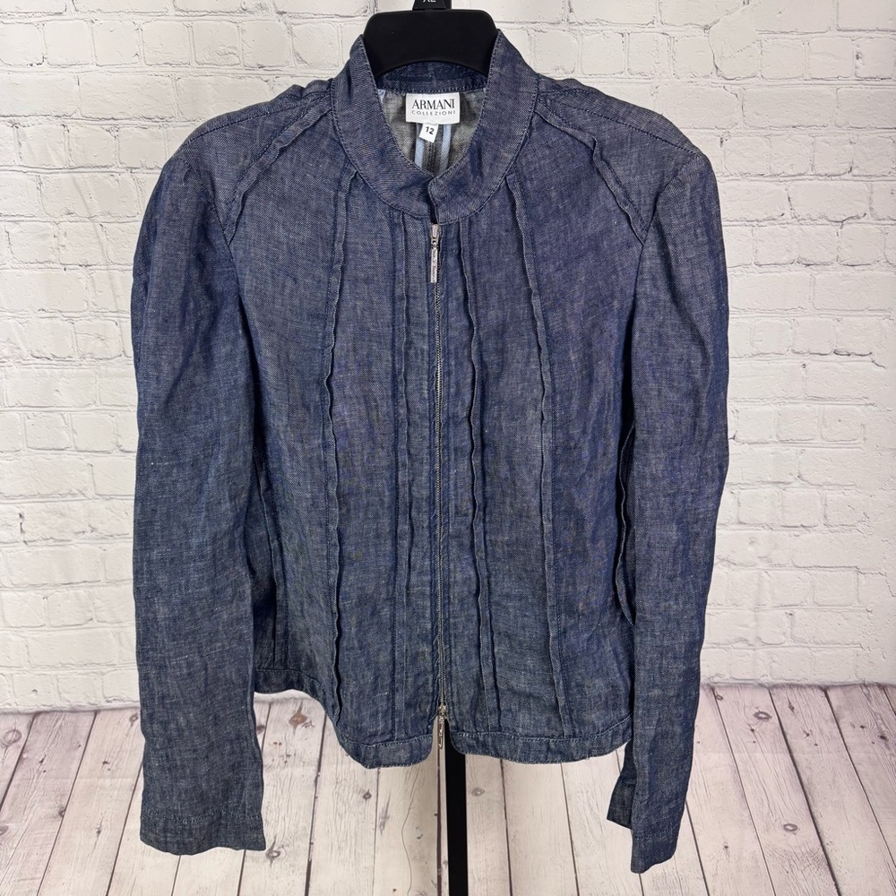 Armani Collezioni Chambray Denim Pleated Zip Up Jacket Size 12